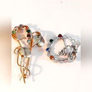 2 Sterling Silver Brooches With Multicolour Stones One Brooch With Gold